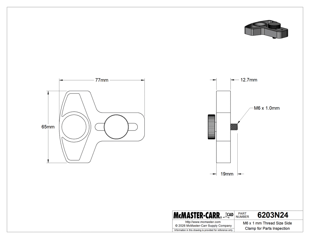 Technical Drawing of M6 x 1 mm Thread Size Side Clamp for Parts Inspection.